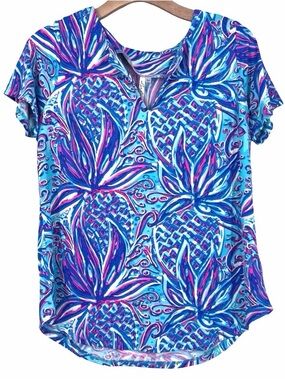 Lulu-B Vibrant Pineapple Geometric Split Neck Short Sleeve Tunic Top Size Large